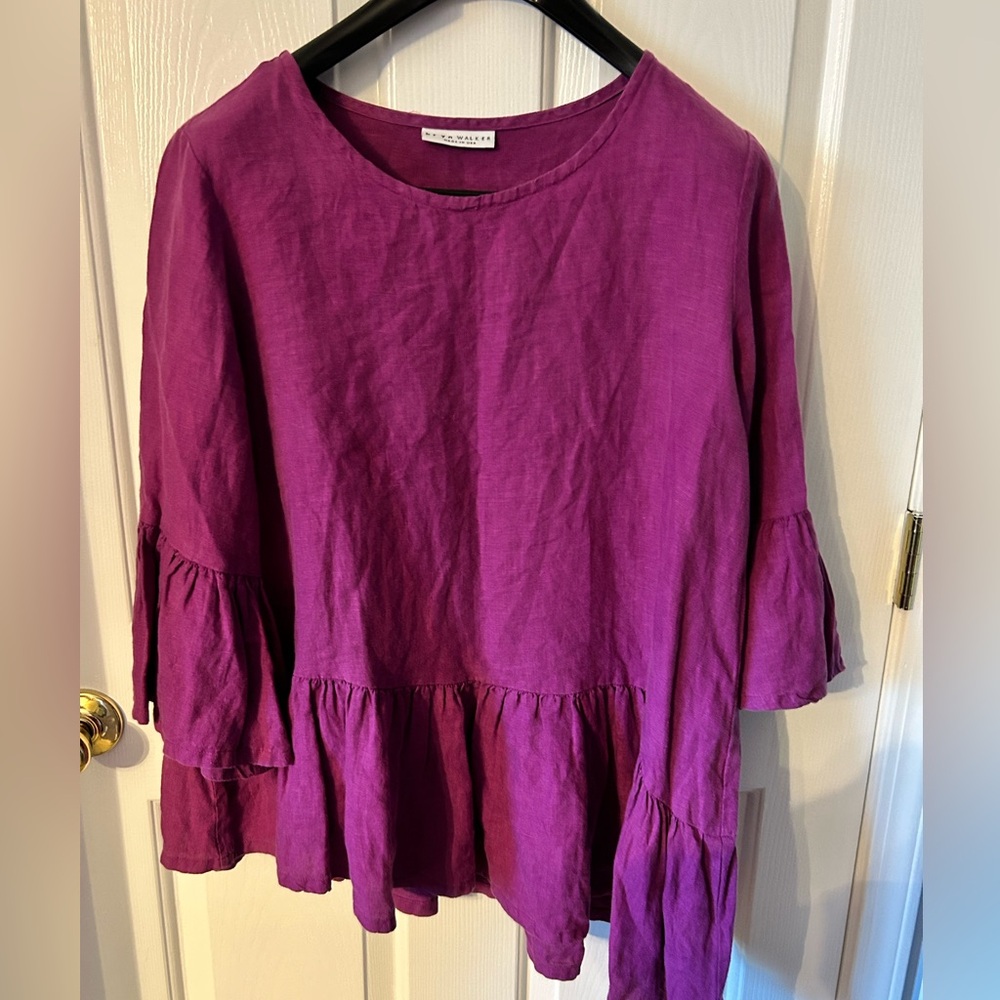 Bryn Walker Asymmetrical Ruffle Hem Shirt with Trumpet Sleeves- 100% Linen